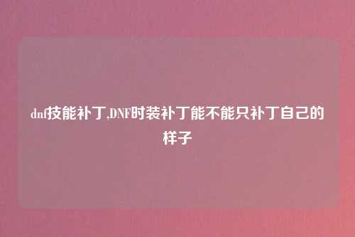dnf技能补丁,DNF时装补丁能不能只补丁自己的样子
