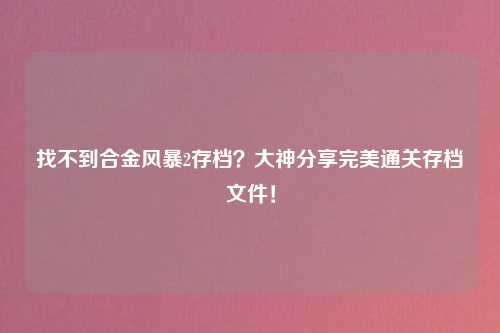 找不到合金风暴2存档？大神分享完美通关存档文件！